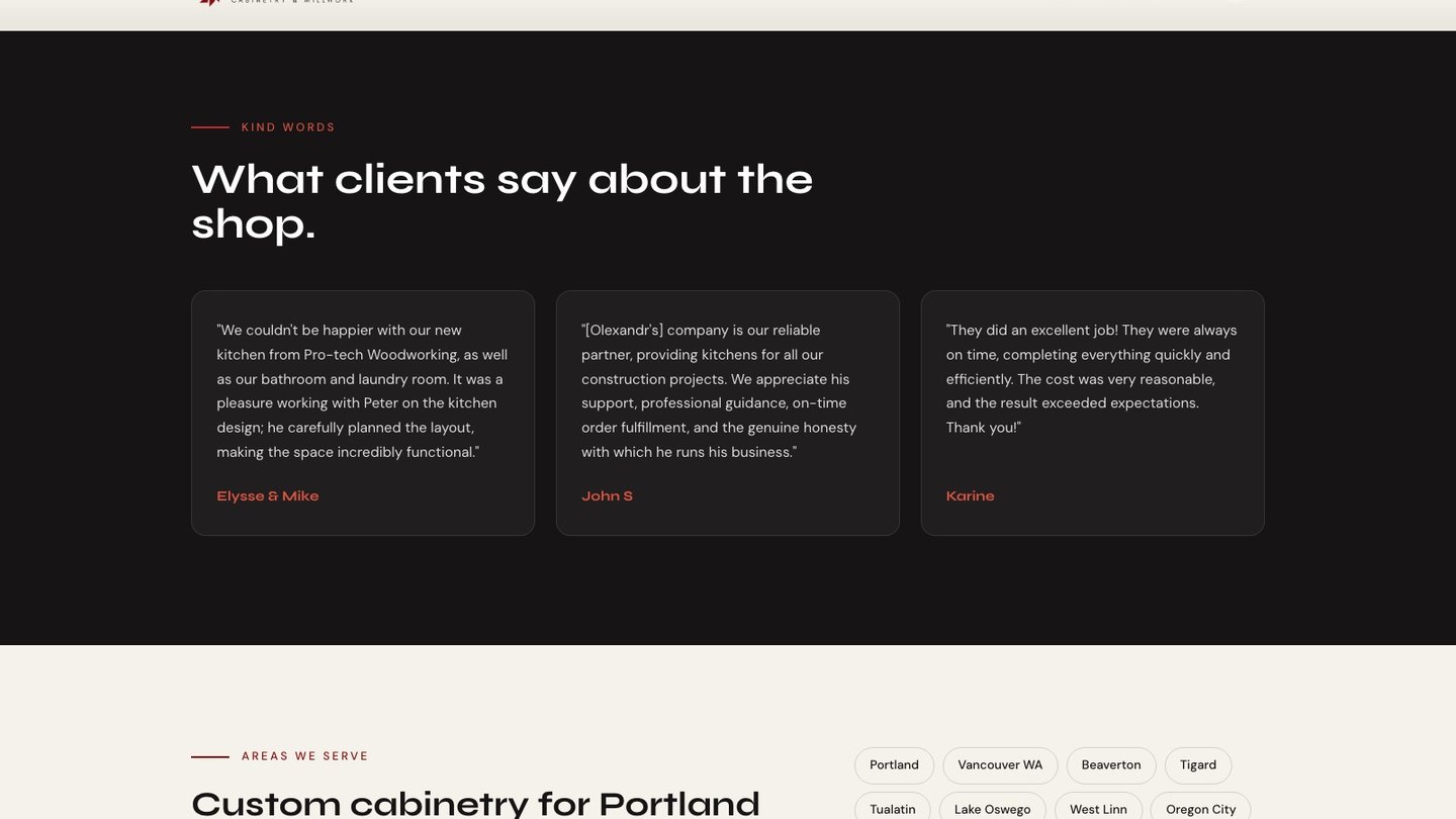 The client reviews section of the new homepage